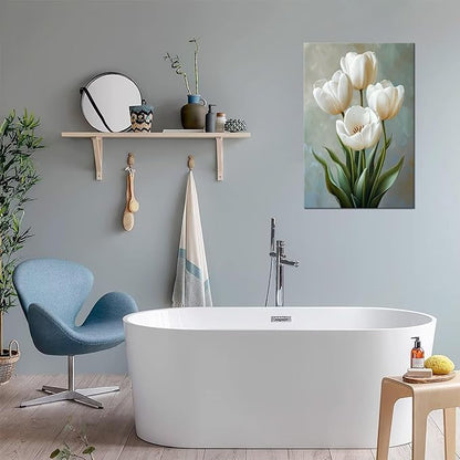 White Tulips Wall Art Flowers Pictures Modern Floral Paintings Botanical Canvas Wall Decor Poster Print Artwork for Bathroom Living Room Bedroom Home Decoration Framed