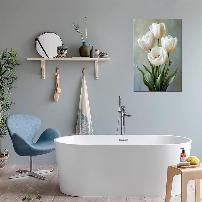 White and Green Tulips Flowers Canvas Wall Art Modern Floral Paintings Botanical Pictures Wall Decor Poster Print Artwork for Bathroom Living Room Bedroom Home Decoration Framed
