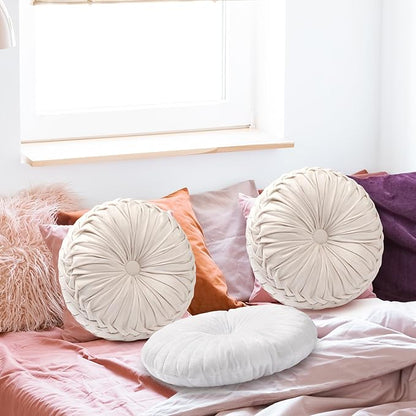 Beeveer 3 Pcs Round Throw Velvet Pillows Classy Accent Pumpkin Throw Pillows 15 Inch Decorative Cushion for Couch Chair Bed Car, 2 Styles (White)