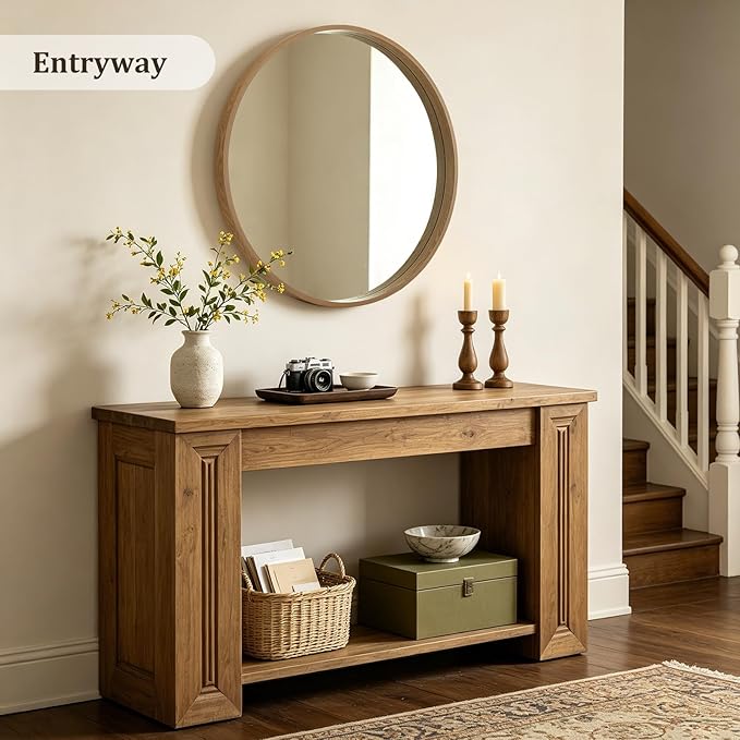 WallBeyond 36 Inch Natural Round Wood Mirror, Large Circle Wooden Frame Wall Mirror for Bathroom, Living Room, Bedroom, Entryway