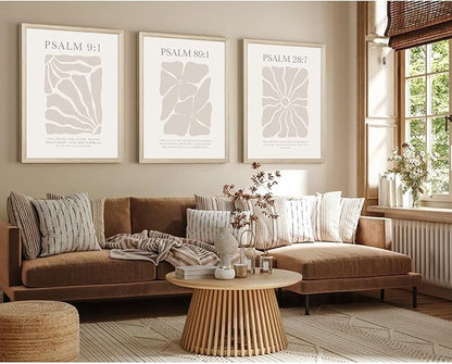 Scripture Christian Wall Art Set of 3 Beige Bible Verses Wall Decor Neutral Psalm Canvas Wall Art Modern Pictures Flower Prints Christian Artwork for Living Room Bedroom 16x24 Inch Framed