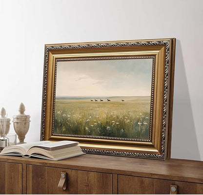 WZGZXU Vintage Gold Framed Wall Art Horse Canvas Art Wild Horses In Field Pictures Wall Decor Farmhouse Prints Country Paintings Landscape Artwork For Living Room Bedroom Gallery 12x16in