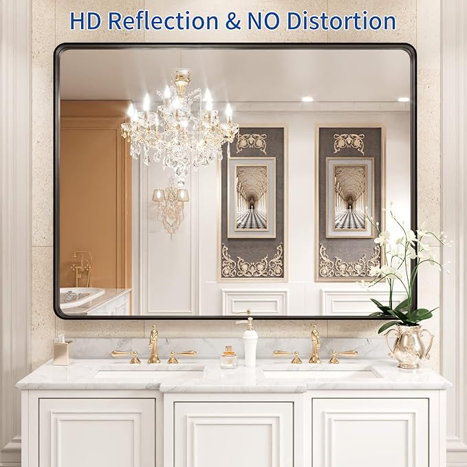 WEER Black Bathroom Mirror for Wall 40X30 Inch, Rectangular Black Metal Framed Vanity Mirror, Farmhouse Bathroom Mirror with Tempered Glass, Rounded Corner, Anti-Rust (Horizontal/Vertical)