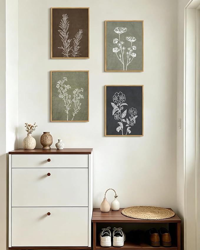 Drsoum Botanical Wall Art Framed Boho Wall Art Decor Wooded Vintage Print Modern Farmhouse Home Kitchen Decor 11x14inx4pcs