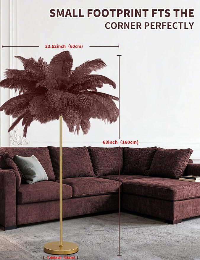 Feather Floor Lamp,Fluffy Ostrich Feather Floor Lamp for Bedroom,3 Color Temperatures Led Corner Modern Floor Lamps for Living Room Christmas Home Decor House Warming Gifts,63″ Height (Coffee)