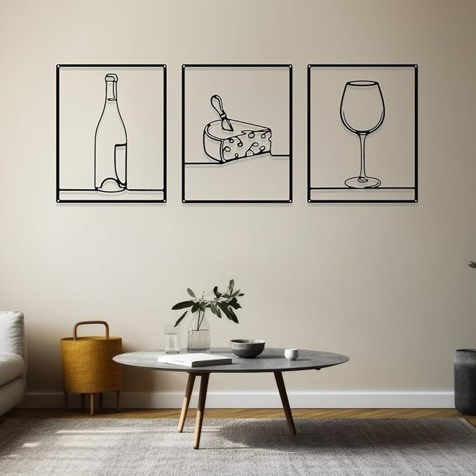 Otoolling 3 Pieces Metal Minimalist Line Kitchen Signs Wall Decor Drawing Rustic Kitchen Wall Art for Dining Living Room Home, 14 x 11 Inches(Wine,Black)
