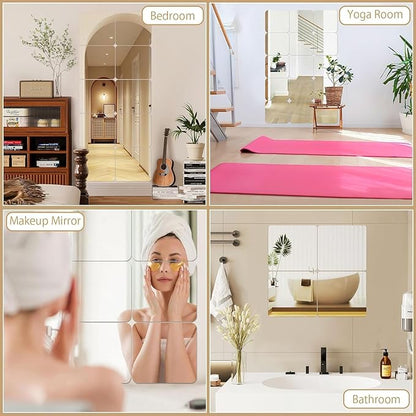 JUNEBRUSHS 18Pack Self Adhesive Acrylic Mirrors, 8 x 8 Inch Mirror Tiles Decor,Frameless Over Door Mirrors Sheets Wall Stickers for Wall Mounted Make Up Gym Dressing