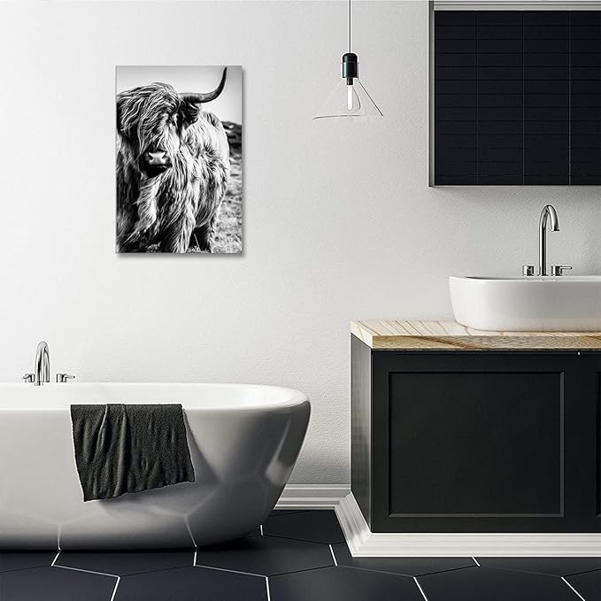 Highland Cow Wall Art Canvas Black and White Cow Picture Prints Framed Artwork for Bathroom Farmhouse Wall Decor (20x30inches)