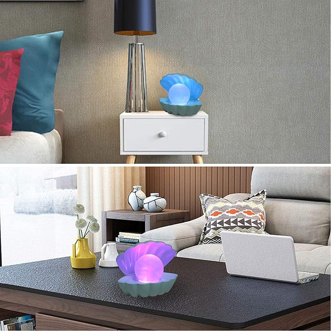 LKUA Shell Pearl Beach Themed Night Light, RGB 8 Colors Changing Mood Shell Pearl Lamps, Bedside LED Clamshell Portable Night Lights for Bar (Green)