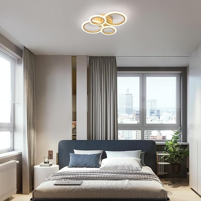Modern LED Flush Mount Ceiling Light, 4 Rings Gold Close to Ceiling Light Fixtures, Kitchen Lighting Fixture Lamp for Bedroom, Living Room, Laundry Room, 4000K Not Dimmable