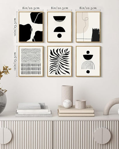 KUVIOKE Black Abstract Framed Wall Art Boho Room Decor Set of 6 Minimalist Geometric Line Art Bohemian Mid Century Modern Prints for Bedroom Living Room 8x10in (Natural Framed)