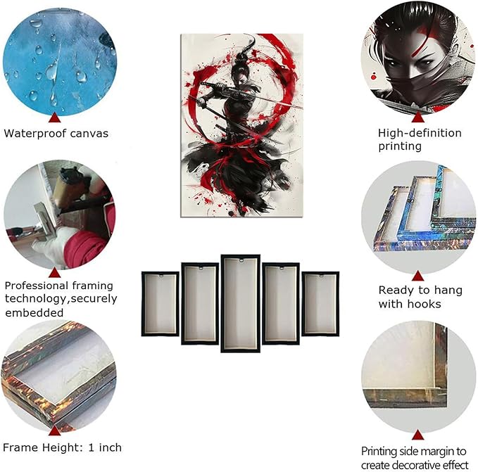 Japanese Female Samurai Wall Art Woman Fight Painting Canvas Prints Red Warrior Pictures Bushido Poster for Bedroom Classroom Dorm Living Room Aesthetic Decor Framed (12''W x 16''H)