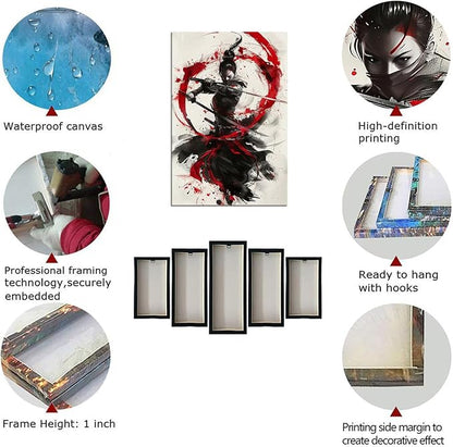 Japanese Female Samurai Wall Art Woman Fight Painting Canvas Prints Red Warrior Pictures Bushido Poster for Bedroom Classroom Dorm Living Room Aesthetic Decor Framed (28''W x 44''H)