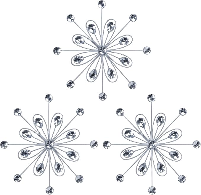 hogardeck Metal Flower Wall Decor, 3pcs 9" Silver Metal Jeweled Wall Art Bling Crystal Home Décor, Sun Burst Rhinestone Hanging Diamond Accents for for Indoor, Outdoor, Living Room, Bedroom