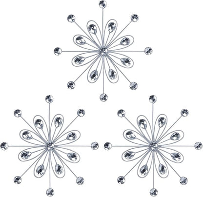 hogardeck Metal Flower Wall Decor, 3pcs 9" Silver Metal Jeweled Wall Art Bling Crystal Home Décor, Sun Burst Rhinestone Hanging Diamond Accents for for Indoor, Outdoor, Living Room, Bedroom