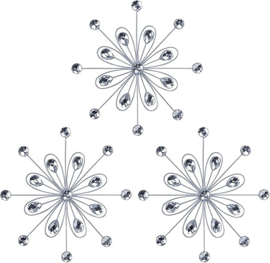 hogardeck Metal Flower Wall Decor, 3pcs 9" Silver Metal Jeweled Wall Art Bling Crystal Home Décor, Sun Burst Rhinestone Hanging Diamond Accents for for Indoor, Outdoor, Living Room, Bedroom