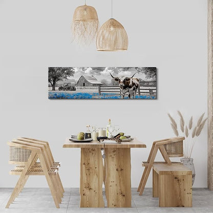 Highland Cow Wall Art Country Barn Truck Pictures for Living Room Western Wall Decor Meadow Scenery Canvas Painting Black and White Poster Prints Artwork Farmhouse Kitchen Decorations 14x48"