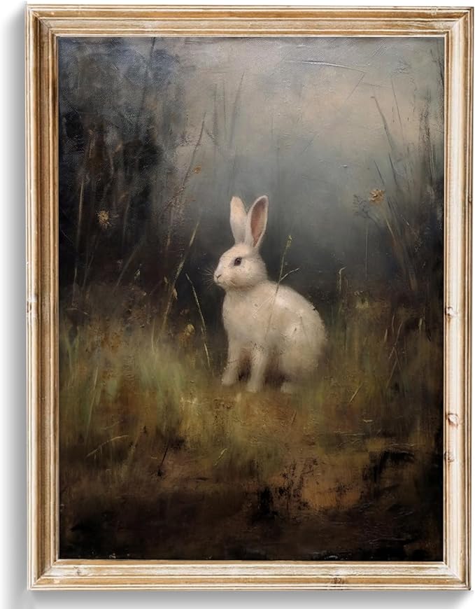 uniro Vintage Bunny Easter Wall Art Prints, Vintage Wild Hare Rabbit Rabbit Canvas Oil Painting Poster for Dark Cottagecore Decor, Country Farmhouse Wall Decor Vintage Animal Art Pictures for Bedroom Gallery Office Bathroom, Dark Academia Decor( 8" x 1...