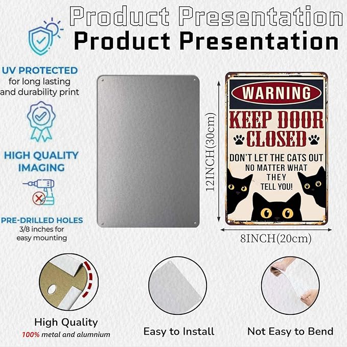 Metal Sign Funny Black Cat Keep Door Closed Vintage Signs Retro Aluminum Tin Sign for Kitchen Office Home Bar Cafe Wall Decor 8x12 Inch