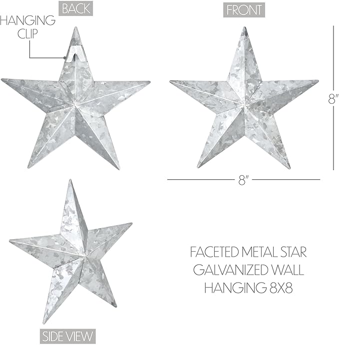 VHC Brands Patriotic Faceted Metal Star Galvanized Wall Hanging 8x8, Independence Day Decor, American Star Design, Distressed Appearance Metal Wall Hanging