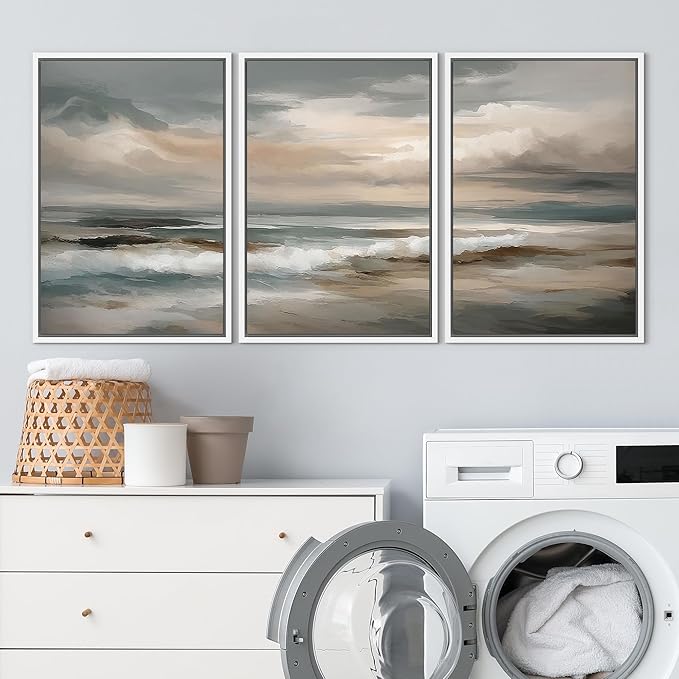 SIGNLEADER Framed Canvas Print Wall Art Set Coastal Ocean Waves Neutral Seascape Abstract Illustrations Modern Art Boho Decorative for Living Room, Bedroom, Office - 24"x36"x3 WHITE