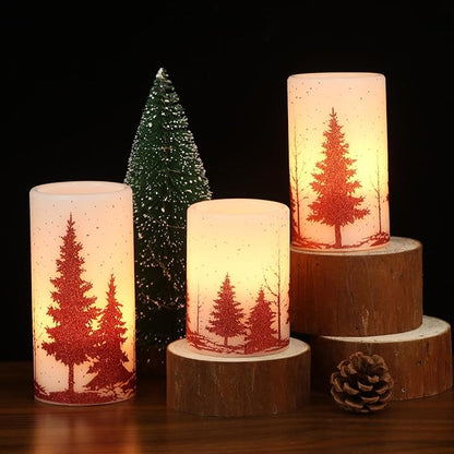 Christmas Tree Flameless Flickering Candles Battery Operated with 6H Timer, 3 Pack Real Wax Warm Light LED Pillar Candles Dinner Tabletop Holiday Centerpiece Decor 3" x 6"
