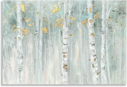 Yihui Arts Birch Tree Canvas Wall Art with Gold Foil - Abstract Forest Paintings with Textured - Green Landscape Pictures for Living Room Bedroom Bathroom Decor