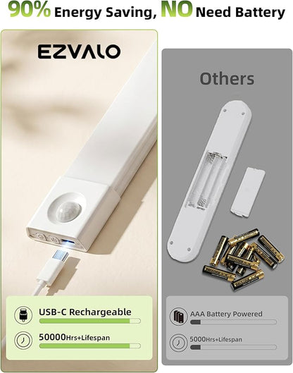 EZVALO 6-Pack Under Cabinet Lighting, Wireless Closet Lights, 50 LED Rechargeable Motion Sensor Light, Dimmable, 3 Color Temperatures, 11.8 inch Counter Lights for Kitchen, Pantry, Bedroom, Wardrobe
