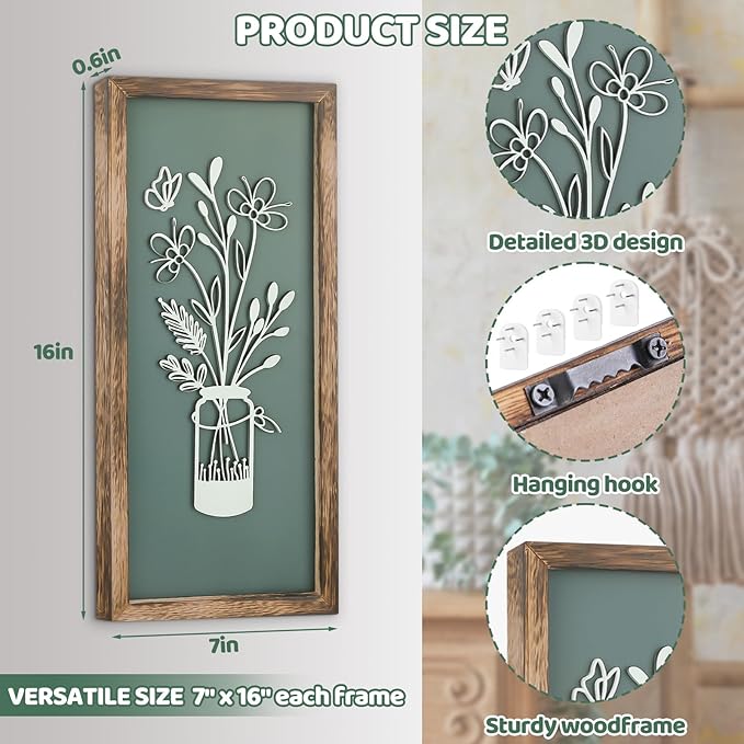 BrightRow 4 Pcs 3D Green Wooden Floral Wall Art Bathroom Wall Decor 7 x 16 Inch Farmhouse Vintage Boho Minimalist Flower and Vases Art for Living Room