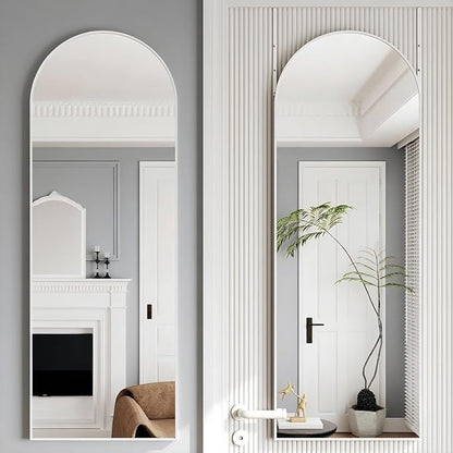 Dewfig Door Mirror with Stand, Arched Full Length Mirrors Over The Door, 16"x 50" Hanging or Wall Mirror, Full Body Mirrors for Bedroom,Living Room,White