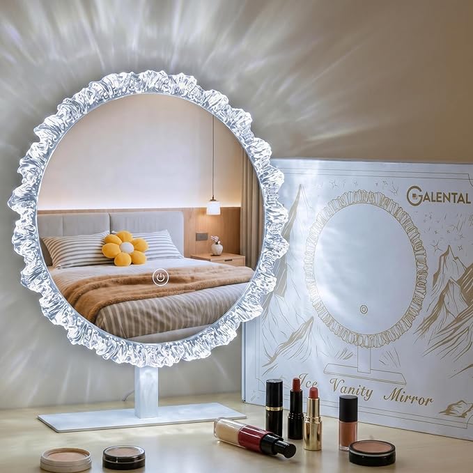 Crystal Round Vanity Mirror with Lights, 16 Inch Dimmable LED Makeup Mirror for Women, 3 Color Temperatures, Touch Switch, Silver Frame, Ideal for Girlfriend & Makeup Lovers