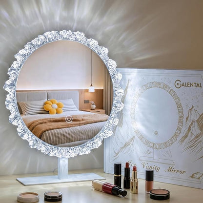 Crystal Round Vanity Mirror with Lights, 16 Inch Dimmable LED Makeup Mirror for Women, 3 Color Temperatures, Touch Switch, Silver Frame, Ideal for Girlfriend & Makeup Lovers