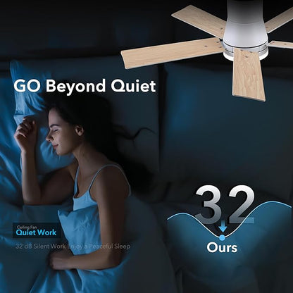 42 Inch Ceiling Fans with Lights and Remote,Flush Mount White Ceiling Fan with 5 Blades,6 Speed Reversible DC Motor,3CCT Dimmable LED-Low Profile Design for Bedroom, Living room & Covered Outdoor