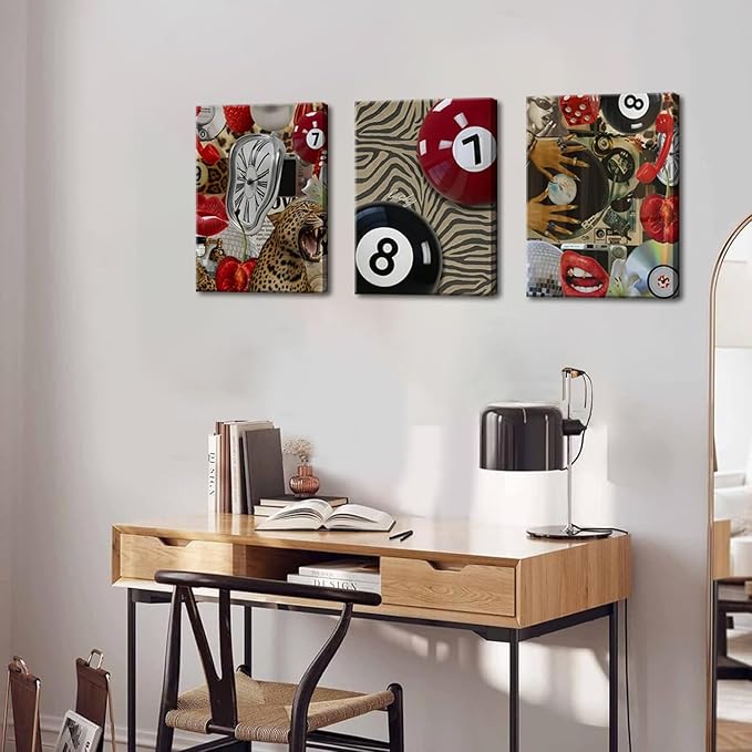Trendy Leopard Cheetah Wall Art Set of 3, Black Woman Wall Decor Paintings Black Teen Girl Music 8 Ball Poster Canvas Prints Aesthetic for Bedroom Living Room Dorm 16x24 inch Framed