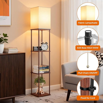 FOLKSMATE Floor Lamp with Shelves, 3-Tier Modern Square Bookshelf Floor Lamp, 3 Color Temperature Bulb Included, Floor Lamps for Living Room Bedroom Corner - Brown