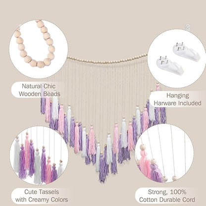 Luxbrand Pink & Purple Macrame Hanging Boho Wall décor, Large Tassel Wall Hanging with Wood Beads, Purple Wall Decor for Bedroom Living Room Girls Room Nursery, 41" W x 32" H