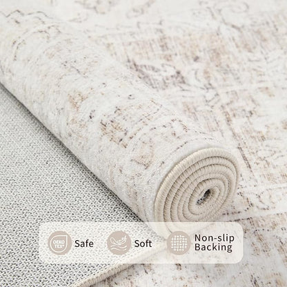 Rugxara 10x14 Extra Large Washable Area Rug, Soft Neutral Vintage Boho Rug for Living Room, Bedroom, Office, Farmhouse, Low Pile Imitation Wool Non Slip Carpet Ideal for High-Traffic Areas, Beige