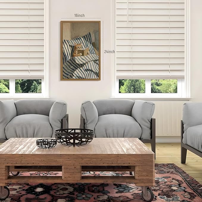 Cyebmo Funny Tabby Cat Wall Art, Whimsical Cat Reading Book Wall Decor, Cozy Book Lover Animal Poster Print, Minimalist Cute Animal Artwork for Living Room Bedroom Wood Framed 16x24 Inch