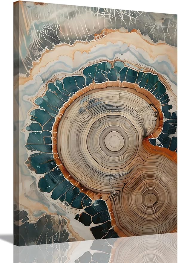 IBHJSART Framed Tree Ring Canvas Wall Art Blue Wall Art Wood Stump Painting Prints Modern Minimalist Pictures Neutral Nature Rustic Farmhouse Decor Living Room Bedroom Bathroom Office