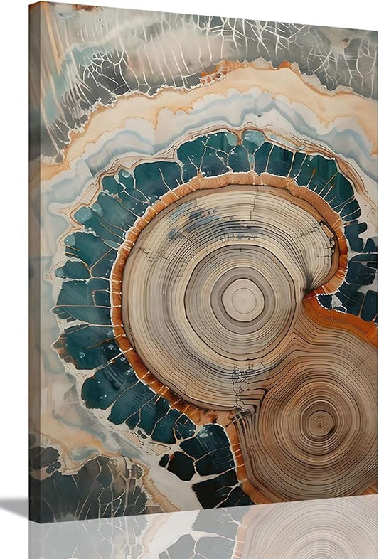 IBHJSART Framed Tree Ring Canvas Wall Art Blue Wall Art Wood Stump Painting Prints Modern Minimalist Pictures Neutral Nature Rustic Farmhouse Decor Living Room Bedroom Bathroom Office