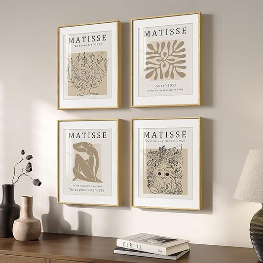 Framed Matisse Neutral Wall Art Set of 4, Beige Abstract Modern Minimalist Botanical Prints for Bathroom Living Room Dining Room Bedroom Home Office Decor, 12x16