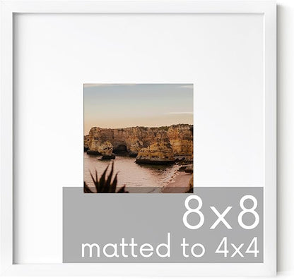 HAUS AND HUES 8x8 White Metal Frame Matted to 4x4 - Premium Aluminum, Shatterproof Plexiglass - Ideal for Home, Room, Office (8x8 in, White, Set of 1)