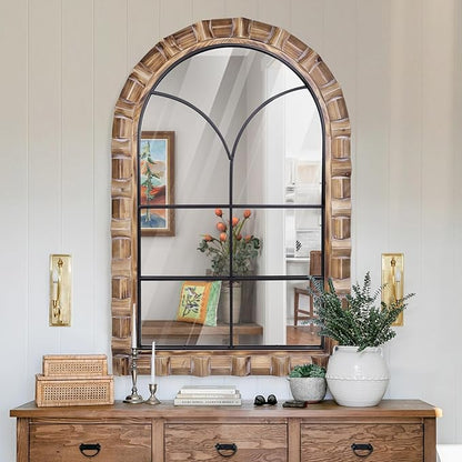 36x24 Inch Arched Window Pane Wall Mirror - Rustic Farmhouse Solid Wood Decorative Mirror for for Living Room, Bedroom, Entryway & Bathroom
