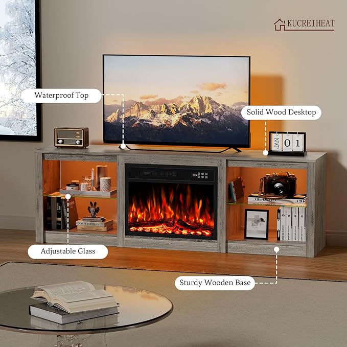 Kucreiheat 70'' TV Stand with 23'' Fireplace-Entertainment Center with LED Light for 75 inch TV-Grey Fireplace Stand with Adjustable Glass Shelves, Modern TV Console for Living Room/Bedroom