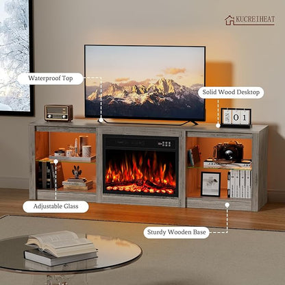 Kucreiheat 70'' TV Stand with 23'' Fireplace-Entertainment Center with LED Light for 75 inch TV-Grey Fireplace Stand with Adjustable Glass Shelves, Modern TV Console for Living Room/Bedroom