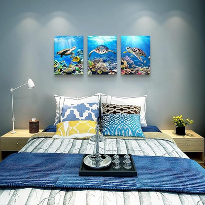 MHARTK66 Canvas Wall Art - Modern Decor for Living Room, Bedroom & Office - Sea Turtle Wall Paintings - Ocean & Underwater World Pictures - 3 Panels Ready to Hang - 12" X 16" Each