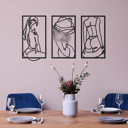 Peryiter 3 Pcs Modern Minimalist Wall Decor Abstract Metal Wall Art Metal Line Art Woman Body Artwork for Bedroom Bathroom Living Room(Black)