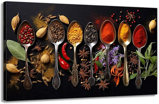 OAAPITI Spice Spoons Kitchen Wall Art Culinary Herbs Canvas Vibrant Food Art for Dining Room Gourmet Kitchen Decor(Artwork-8,16"x24")