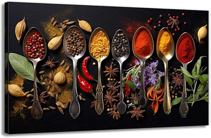 OAAPITI Spice Spoons Kitchen Wall Art Culinary Herbs Canvas Vibrant Food Art for Dining Room Gourmet Kitchen Decor(Artwork-8,28"x42")