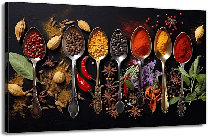 OAAPITI Spice Spoons Kitchen Wall Art Culinary Herbs Canvas Vibrant Food Art for Dining Room Gourmet Kitchen Decor(Artwork-8,24"x36")